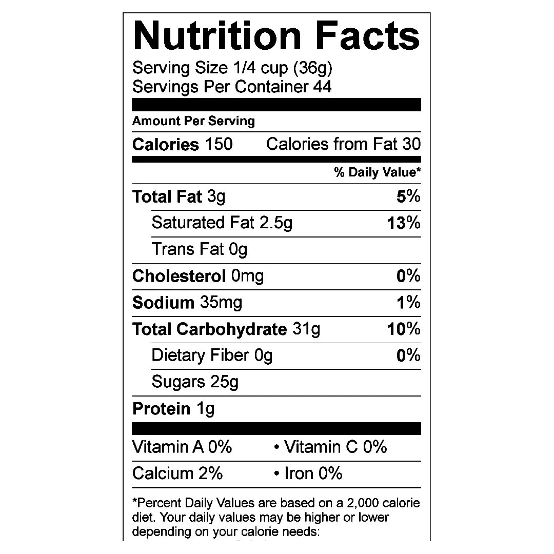 Nutrition Facts panel for Stirling Chocolate Cherry Blossom